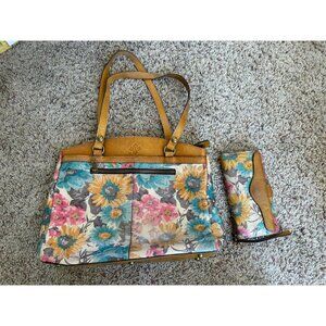 Patricia Nash Floral Leather Tote Bag Wallet Set Multicolor First Bloom Zip
